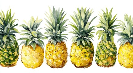 Row of vibrant, textured pineapples with leafy green crowns on white