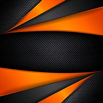 A dynamic orange and black abstract design with swooshes