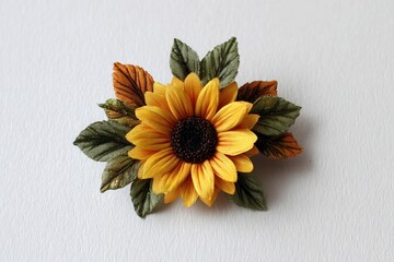 Realistic fabric sunflower with detailed petals and textured leaves
