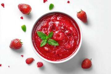 Vibrant red berry puree in a bowl, garnished with mint and scattered whole berries
