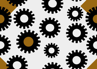 Abstract pattern of black gear icons on a light gray background with brown accents