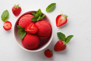 Vibrant red scoops of sorbet topped with mint leaves and fresh strawberries
