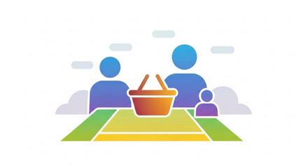 Family picnic with basket on colorful blanket outdoors