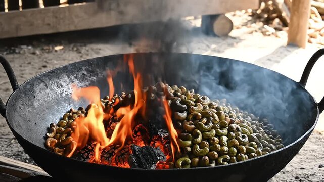 Traditional roasting of raw cashew nuts in shells inside a large black wok with intense fire and smoke