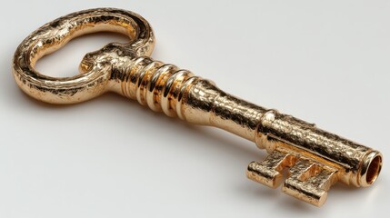 Shiny Golden Vintage Key on a Light Gray Background