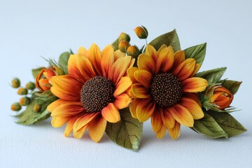 Two detailed, vibrant artificial sunflowers with buds and leaves on white