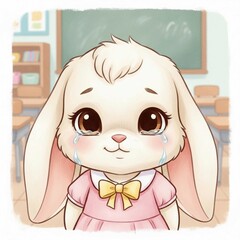 A sad bunny in a class room 