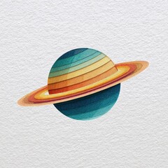 Stylized ringed planet with horizontal colorful bands on textured paper