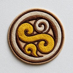 Embroidered circular patch with interwoven golden and brown swirling motifs