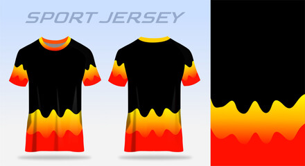 Sport jersey black halfprint design featuring bold yellow and orange wave accents with modern athletic style, ready for sublimation printing and custom team uniform production.