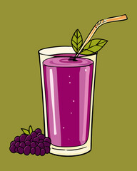 Tall glass of grape smoothie with straw and mint leaf for healthy organic drink and refreshment - Vector Illustration © powdesign