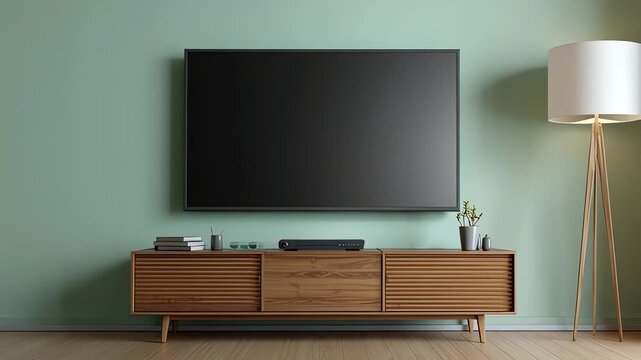 Modern living room with wall-mounted flat TV and wooden console.