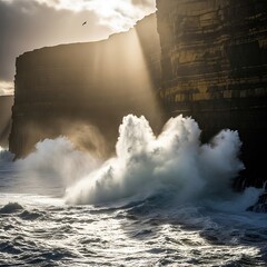 Fototapeta premium Dramatic Coastal Scene - Waves Crashing Against Cliffs in Sunlight.