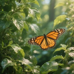 Obraz premium Butterfly with a Leafy Background A butterfly flying with a leaf