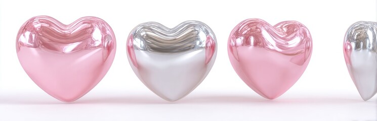 Several metallic heart ornaments, some pink, some silver, and some a mix, against a white backdrop