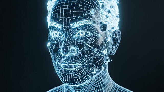 Abstract Geometric Face - A close-up view of an abstract human face constructed from geometric lines and shapes, resembling a wireframe or digital mesh.