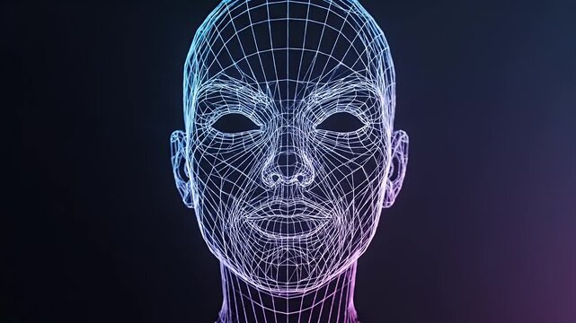 Abstract Geometric Face - A digital representation of a human face created with geometric lines and grids is displayed.