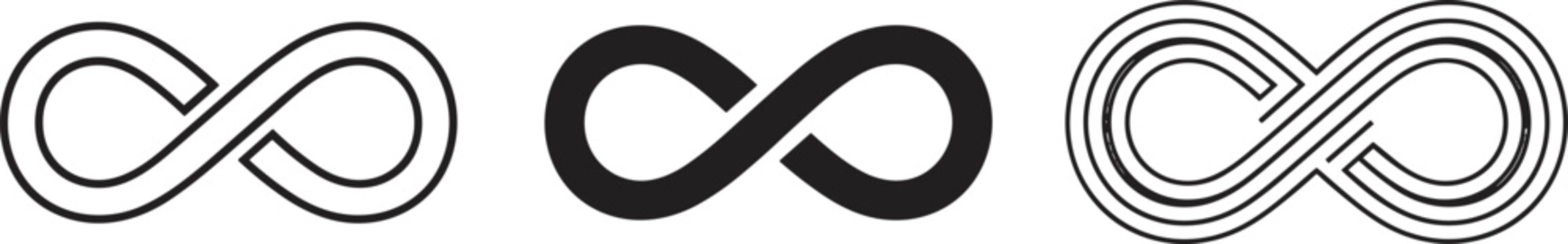 Set of infinity symbols icons with outline, solid black, and creative line art styles for eternal loop and mathematical concepts.