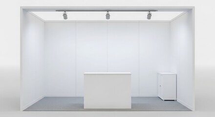 Fototapeta premium Empty white exhibition booth with a counter and spotlights, ready for a trade show.