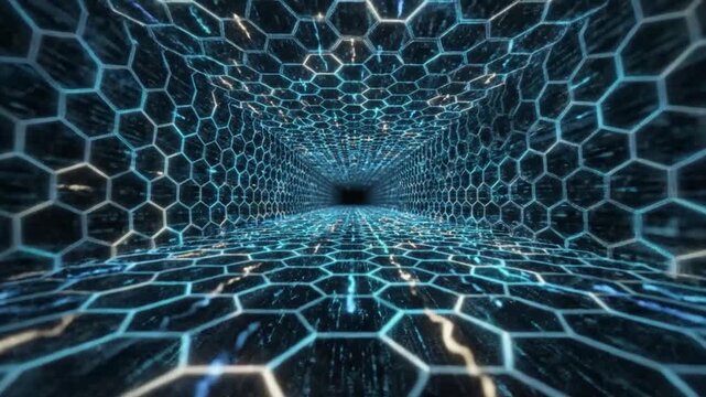 Abstract digital tunnel with glowing blue hexagonal grid pattern