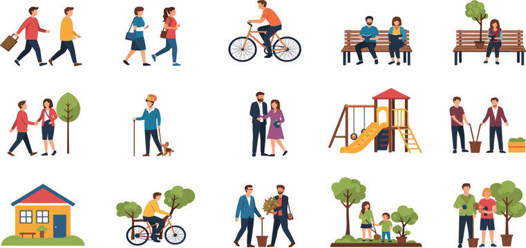Diverse people vector characters engaging in community activities like gardening, walking dogs, cycling, sitting on benches, and socializing.