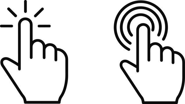 Vector hand cursor click icons, finger pointing touch gesture, outline interactive button symbols, computer mouse pointer, touchscreen navigation elements, isolated, black