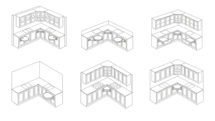 Fototapeta premium Corner Kitchen Cabinet Layout Vector Set – L Shaped & U Shaped Plan View Outline Pack