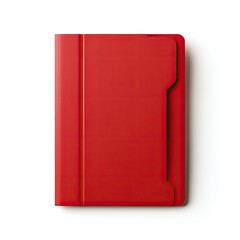 Top-down shot of a vibrant red notebook or folder on a white surface, isolated