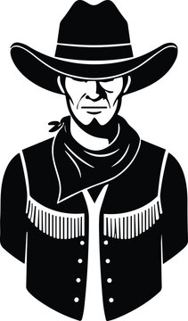 Western cowboy silhouette illustration, classic frontier character with hat bandana vest, black and white stylized vector design for culture folklore artwork