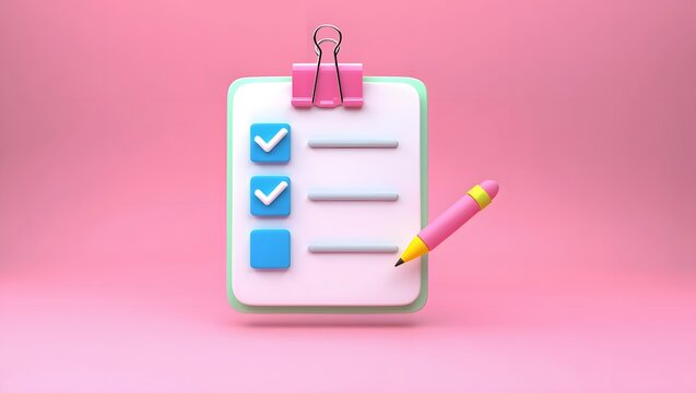 Clipboard with checklist and pink pencil on pink background