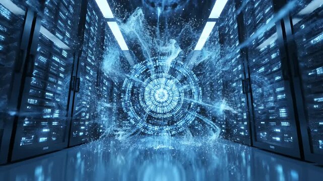 Futuristic Data Center with Data Flow Representation - This video showcases a futuristic server room or data center with rows of servers and an abstract representation of data flow.