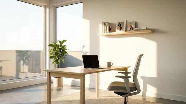Modern home office bathed in sunlight with desk, laptop, chair, and plant  serene workspace.