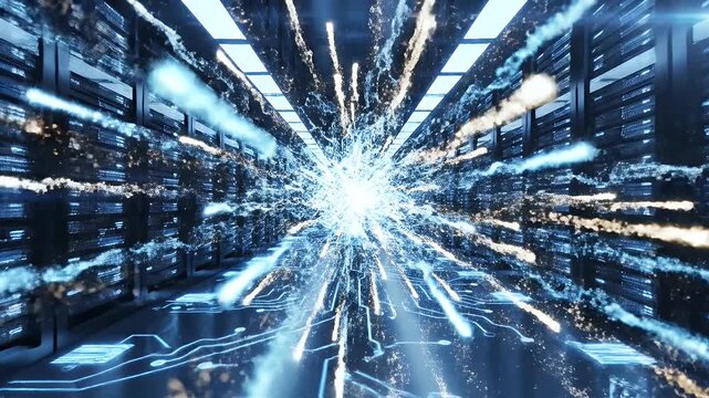 Futuristic Data Center Flow - Abstract shot of a futuristic data center with glowing blue lights and data flow. Servers line the walls as data streams toward a bright central point.
