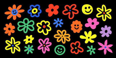 Colorful doodle flowers and smiling faces against a black background © Tusar