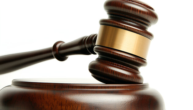 Dark wooden gavel rests on soundblock