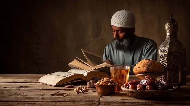 Man reading scripture with dates, tea, and bread.