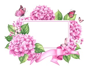 A floral frame with pink flowers, butterflies, and a ribbon