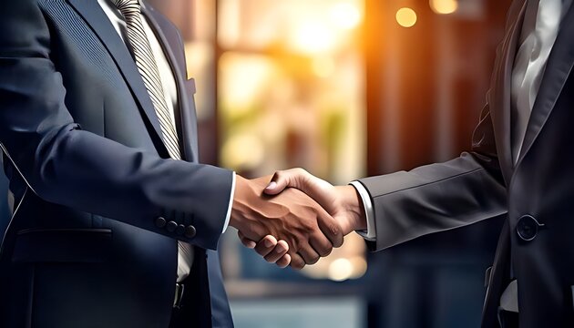 Two businesspeople in suits shake hands, blurred background and warm lighting suggesting agreement