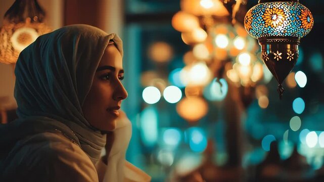 Woman in hijab beside ornate Turkish lanterns at night.