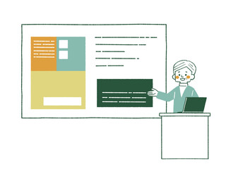 スクリーンやホワイトボードを使って説明をする男性