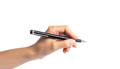 Human hand holding a sleek black pen poised for writing or signing on a clean white background, ready for a task