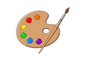 A painter's palette with a variety of vibrant colors and a brush resting on it.