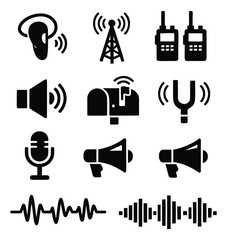 Modern communication and sound icon set featuring various audio, signal, and media devices for technology and information concepts