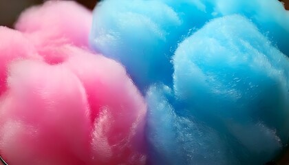 Fototapeta premium Two fluffy clouds of colorful sweetness pink and blue cotton candy. Delicate texture, close-up, fun, and tempting