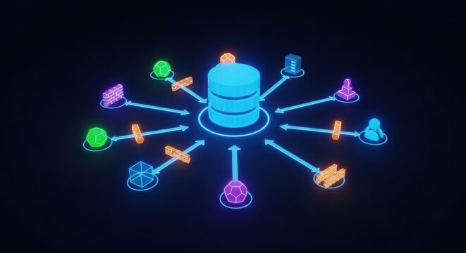 Central database surrounded by colorful geometric shapes and icons connected by glowing blue arrows