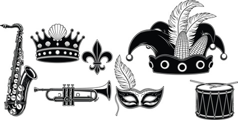Black Mardi Gras Carnival Icon Set with Saxophone Trumpet Drum Jester Hat Masquerade Mask Royal Crown and Fleur de Lis Symbols for Festive Party Design © MdMamunur