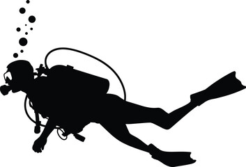 Black Scuba Diver Silhouette Swimming Underwater with Oxygen Tank and Flippers Featuring Air Bubbles and Ocean Exploration Scene Isolated on White Background © MdMamunur