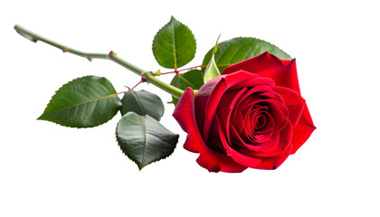 Vibrant red rose with a delicate stem and lush green leaves, symbolizing love and passion, isolated on a clean white background