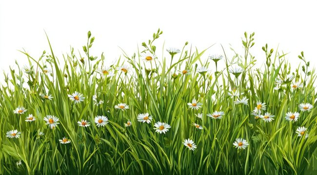 A vibrant, detailed illustration of daisies blooming amidst lush green grass