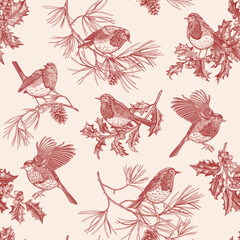 Warm red-toned seamless pattern with robins, holly, and pine branches. Vintage hand-drawn ink illustration for Christmas © Lisla